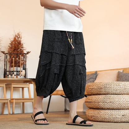 New Chinese Style Ice Silk Draping Pleated Cropped Pants Loose Men's Wide-leg Pants (Available)
