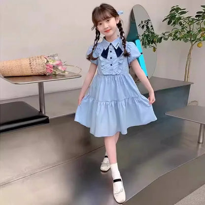 Girl's Dress Summer 2025 New Children's College Style Gown Teenager Turn-down Collar Clothes Kids Fashion Short Sleeve Desses