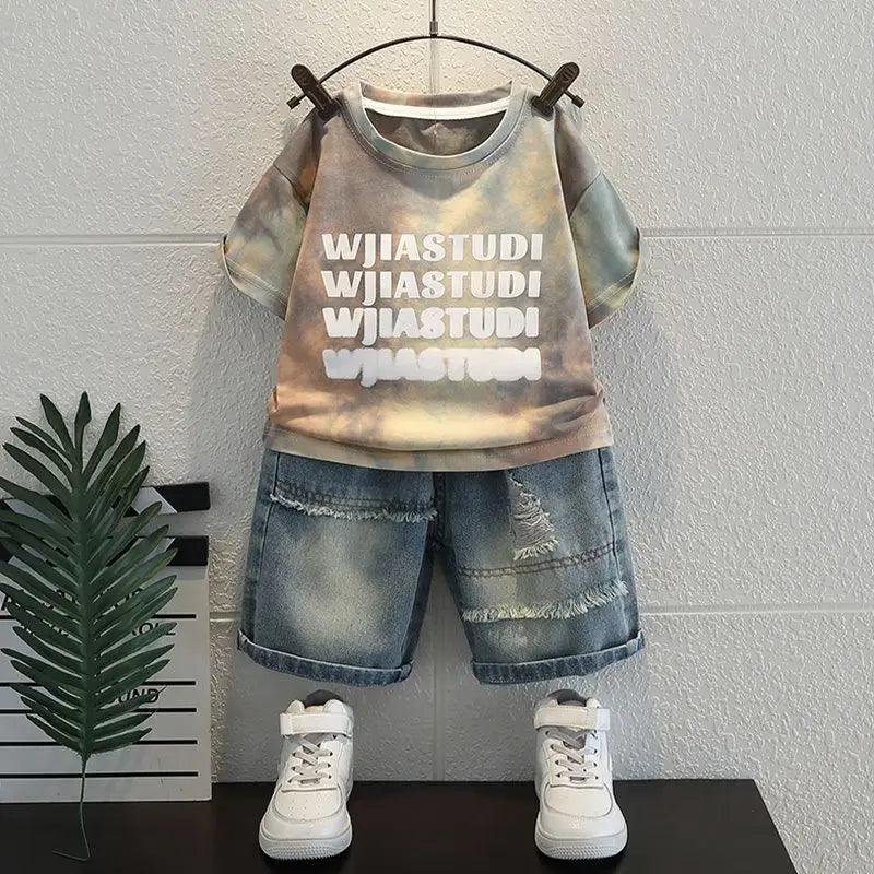 Summer Baby Boys Fashion High Quality Set Cotton Boy Short Sleeved Hole T-shirt + Denim Shorts Kids Loose Casual Clothes 2-11Y