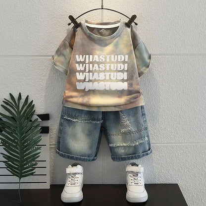 Summer Baby Boys Fashion High Quality Set Cotton Boy Short Sleeved Hole T-shirt + Denim Shorts Kids Loose Casual Clothes 2-11Y