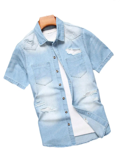 Men's summer blue short-sleeved denim shirt. Regular size. Casual, trendy street style. (Available)