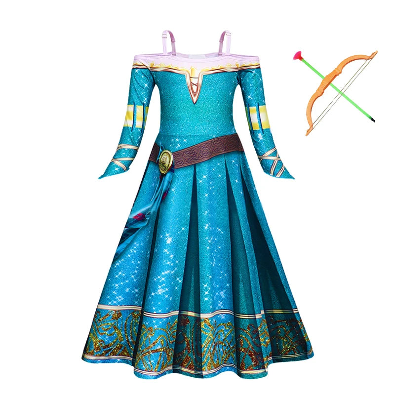 New Cartoon Movie Girls Princess Merida Dress Halloween Brave Princess Costume Children Green Velvet Long Sleeve Vintage Clothes