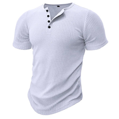 Summer Trend Men's Short Sleeve Casual T-Shirts Solid Henley Neck Button Up Pullover Tops Spring Turn Down Collar Basic Shirt (Available)