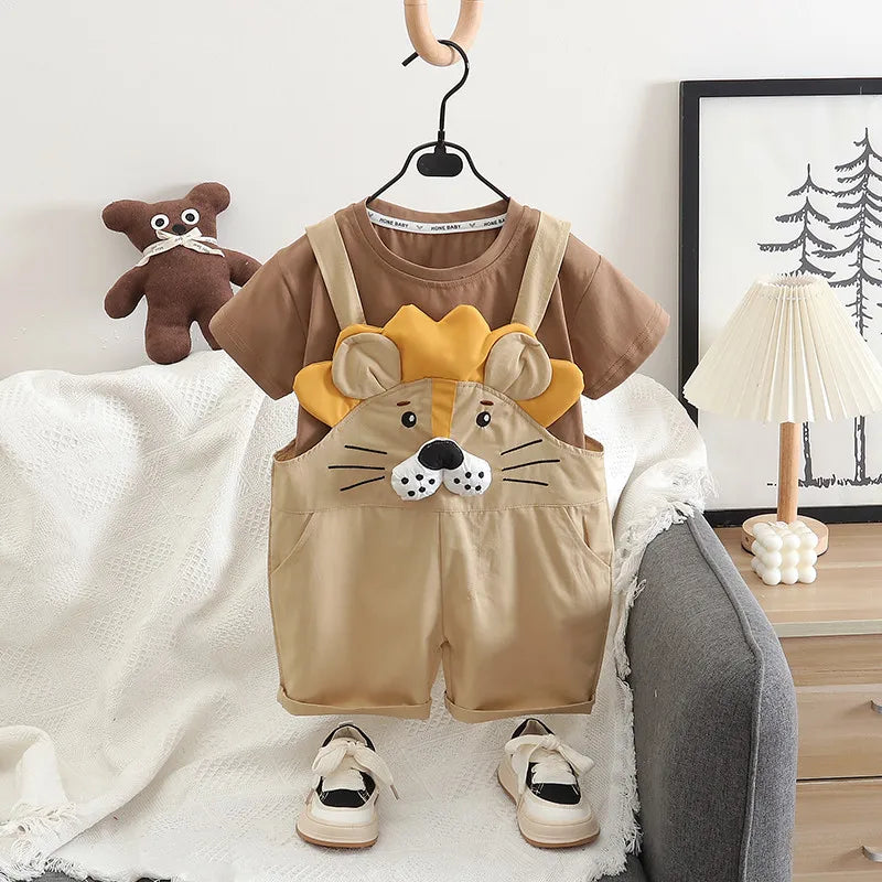 Boys' summer short sleeved set 2025 new children's cartoon cute T-shirt shoulder pants two-piece set