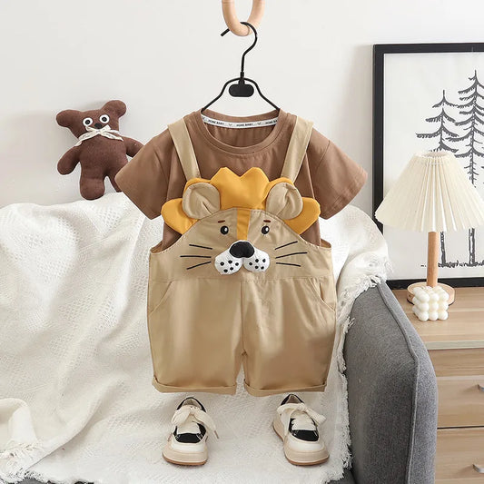 Boys' summer short sleeved set 2025 new children's cartoon cute T-shirt shoulder pants two-piece set