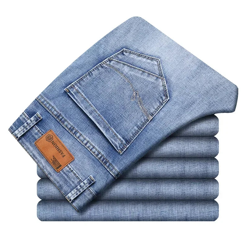 2024 Business Casual Men's Thin Denim Jeans Cotton Stretch Jeans Grey Spring Summer Brand New Fit Straight Lightweight