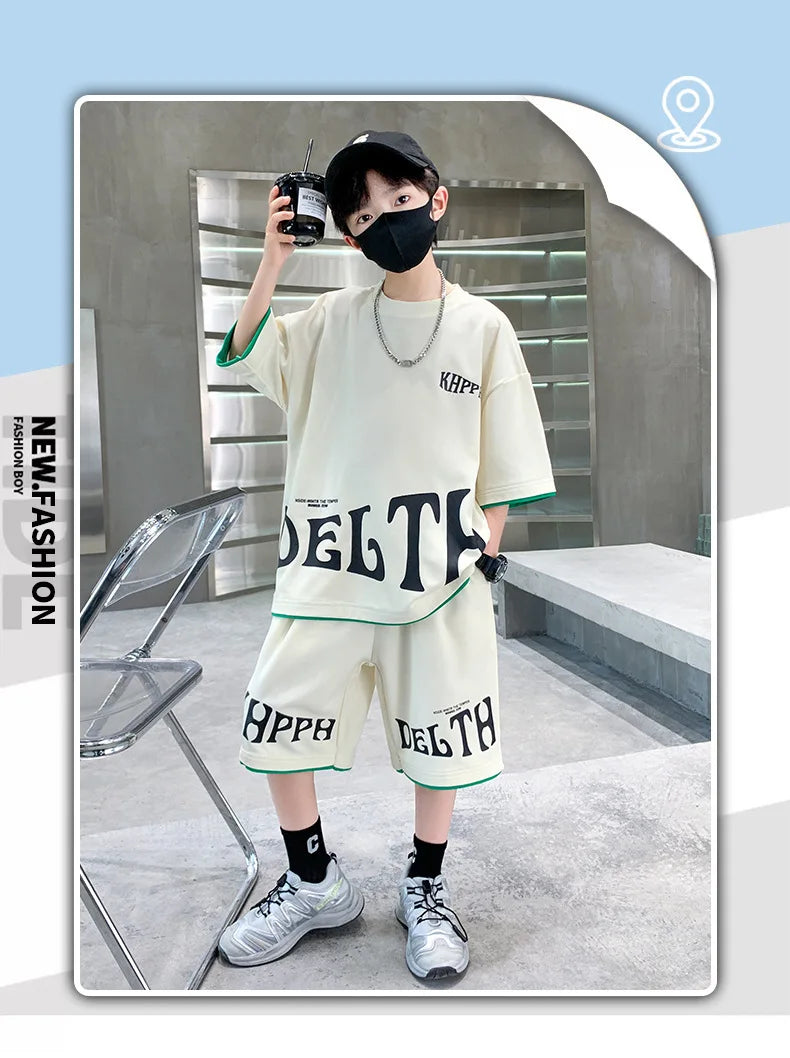 Boys Summer Letter Print Tee Shorts Two Piece Set New Big Kids Casual Wear Outfit Everyday Wear Simple Style Matching Children