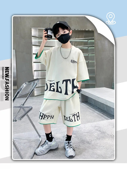 Boys Summer Letter Print Tee Shorts Two Piece Set New Big Kids Casual Wear Outfit Everyday Wear Simple Style Matching Children