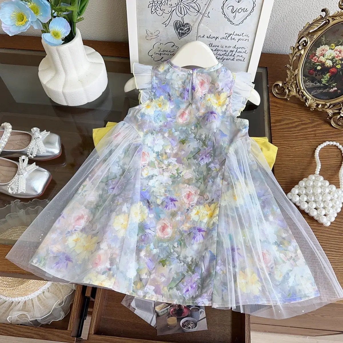 Girls Casual Dresses Girls' Floral Princess Dress with Bow Accents & Mesh Detailing - Flower Girl Party Dress