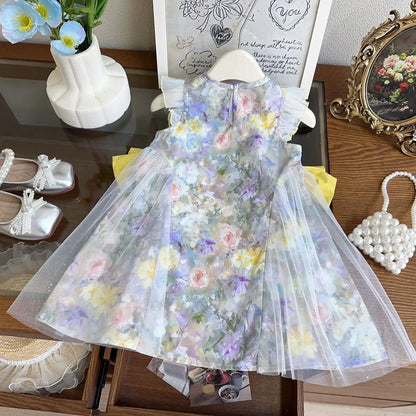 Girls Casual Dresses Girls' Floral Princess Dress with Bow Accents & Mesh Detailing - Flower Girl Party Dress
