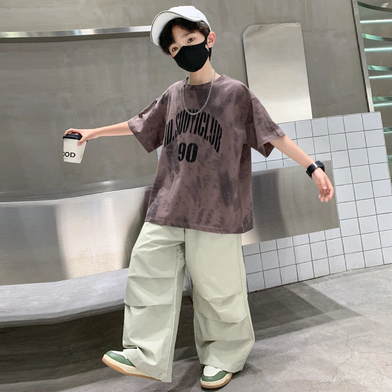 Boys Summer Clothing Top and Bottom Set For Teens Children Casual Cotton Outfit Suit Brown Color Kids Cotton Clothes Set