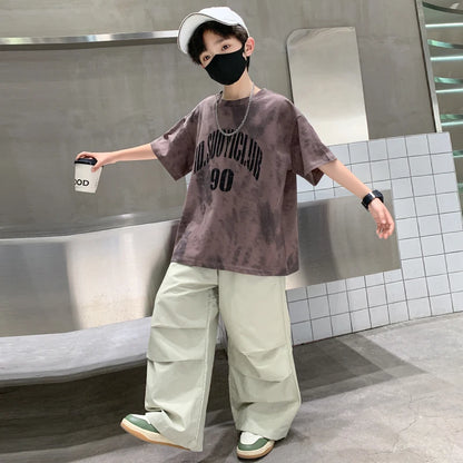 Boys Summer Clothing Top and Bottom Set For Teens Children Casual Cotton Outfit Suit Brown Color Kids Cotton Clothes Set