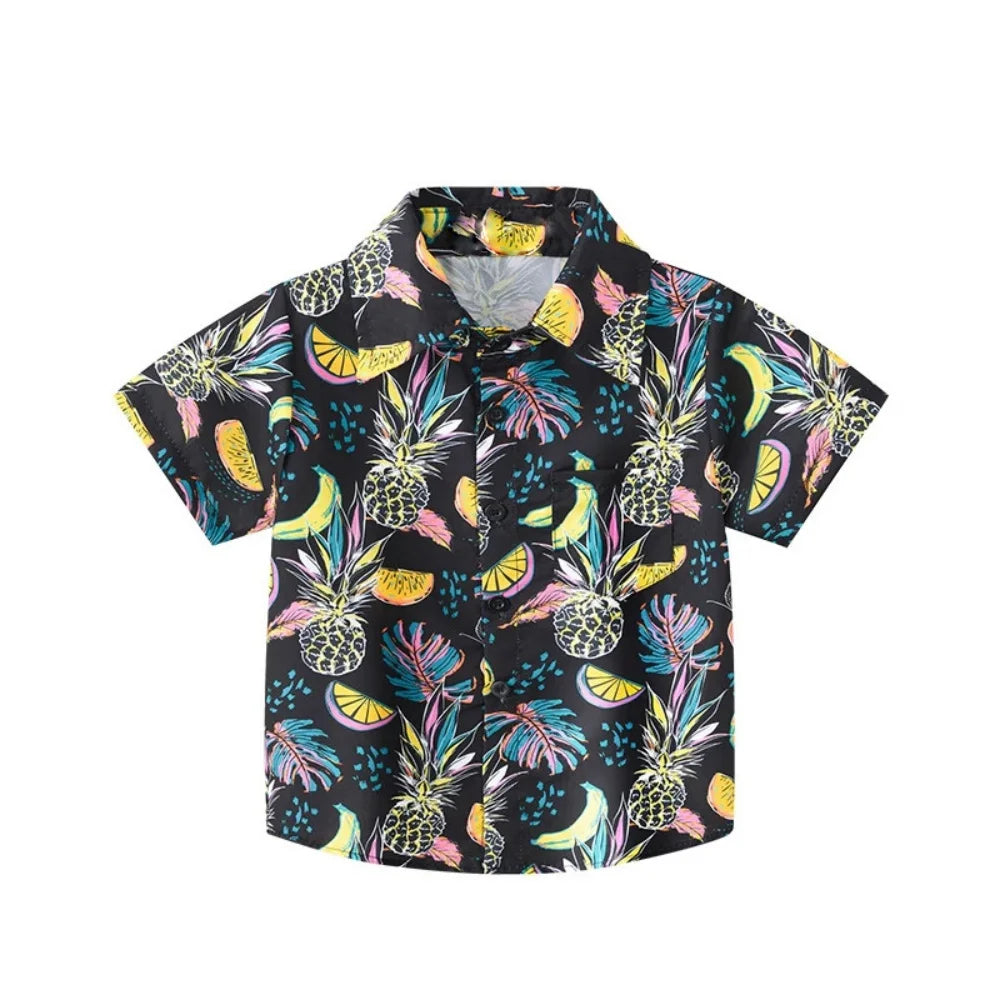 Summer Boys Shirt Hawaiian Beach Graphic Print Children's Blouse Casual Short Sleeve Holiday Lapel Top Girl Blouse Kids Clothes