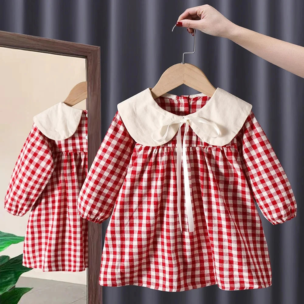 Girl's Sweet  Princess Dress Children Spring Autumn Baby Infants Bow Plaided Patchwork Party Dresses Vestidos Kids