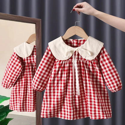 Girl's Sweet  Princess Dress Children Spring Autumn Baby Infants Bow Plaided Patchwork Party Dresses Vestidos Kids