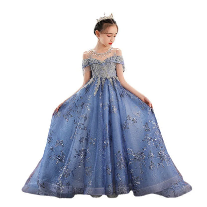 Girl Elegant Off Shoulder Dress Fashion Runway Show Luxurious Princess Dresses for Girls Birthday Party Long Kids Vestidos (Available)