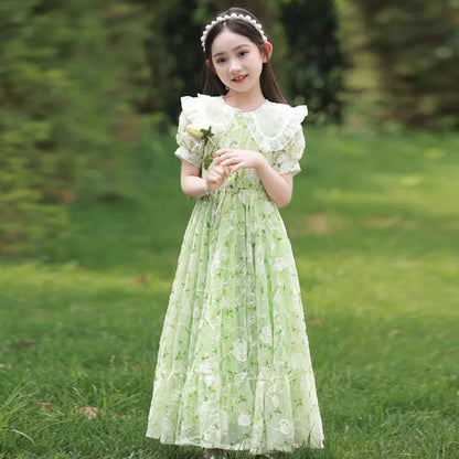 Girls Summer Dresses New Children's Princess Gown Big Kids Short-sleeved Dress Teen Girls Peter Pan Collar Clothing 4-12Y