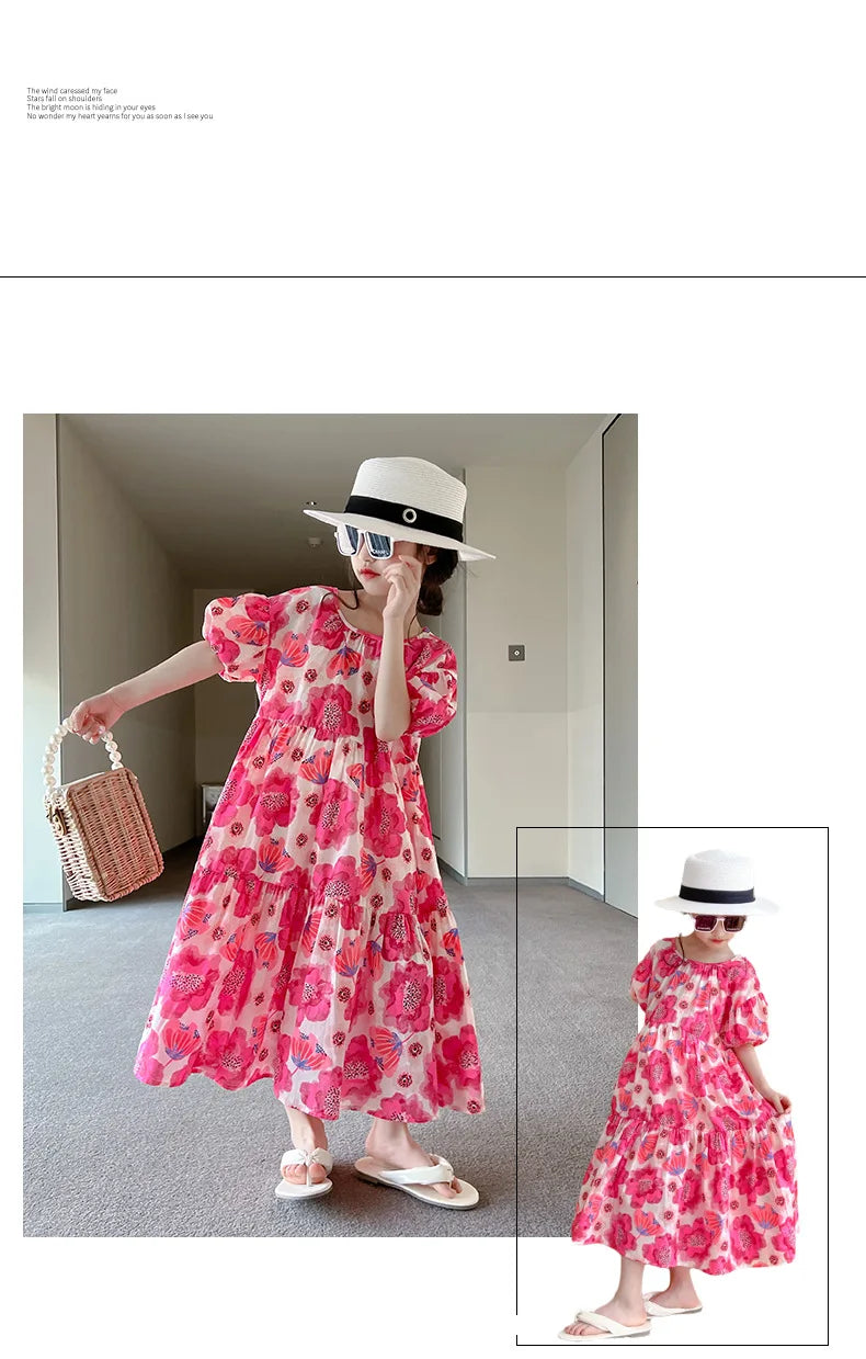 Girl's Large Flower Dress 2025 New Summer Children's Foreign-Style Loose Korean Version of the Older Girls Floral Lazy Skirt