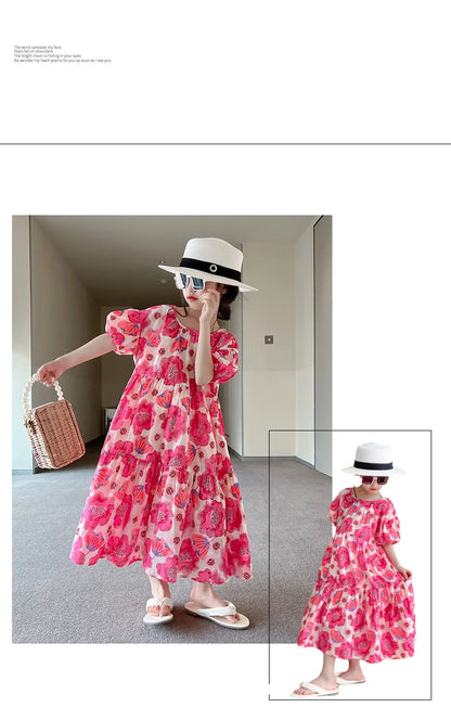 Girl's Large Flower Dress 2025 New Summer Children's Foreign-Style Loose Korean Version of the Older Girls Floral Lazy Skirt