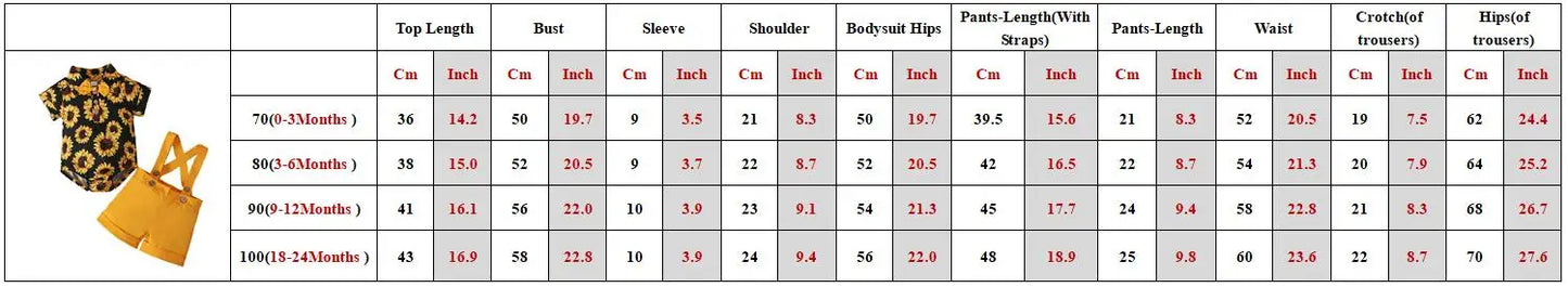 Summer Baby Clothes Set Boy Romper Bodysuit Sunflower Print Tops+Straps Pants 2Pcs Suit Kid Outfit Newborn Toddler Jumpsuit A597