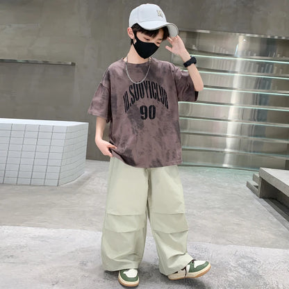 Boys Summer Clothing Top and Bottom Set For Teens Children Casual Cotton Outfit Suit Brown Color Kids Cotton Clothes Set
