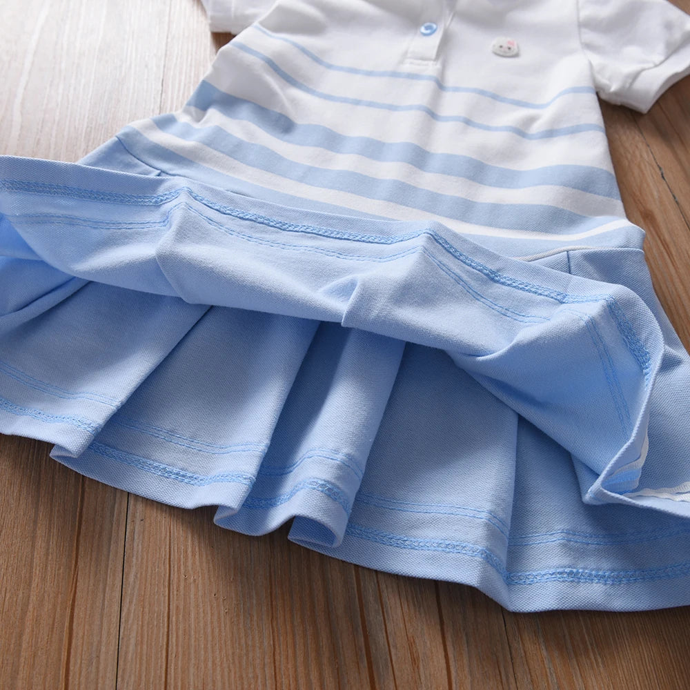 Girls' Fashion Polo Dress with Stripes Kids Elegant Puffed Sleeves Clothes Baby Girls Summer Dresses