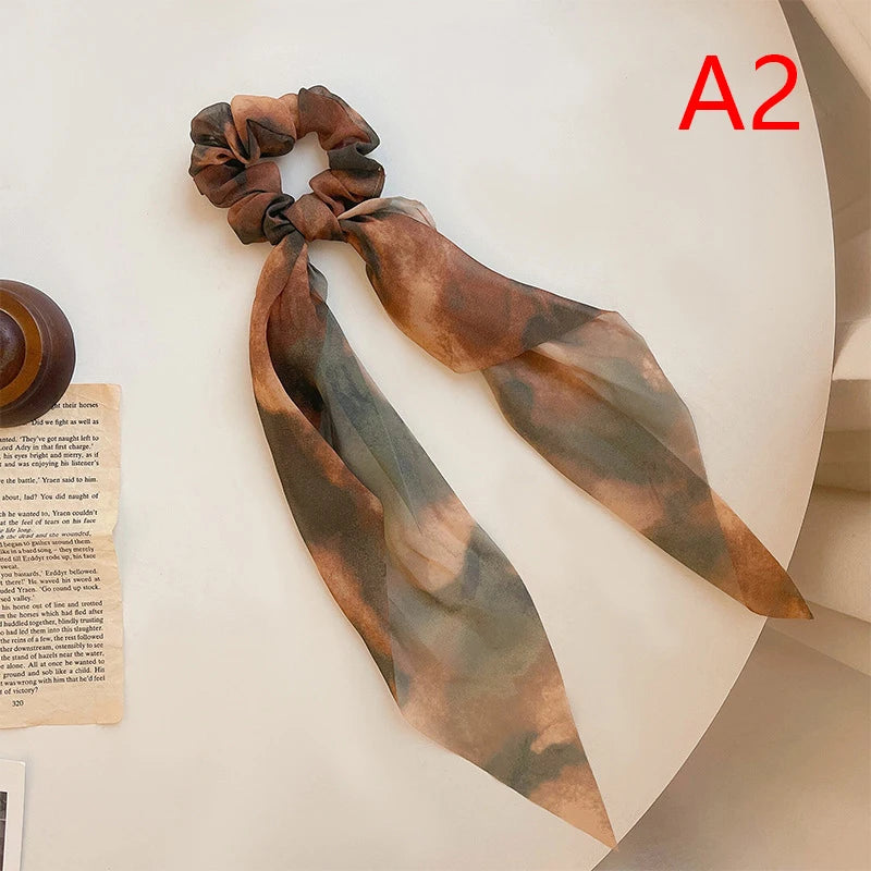 Women Scrunchies Headwear Satin Ribbon Bows Long Hair Ties Girls Ponytail Holder Ties Hair Rubber Bands Hair Accessories