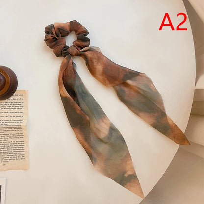 Women Scrunchies Headwear Satin Ribbon Bows Long Hair Ties Girls Ponytail Holder Ties Hair Rubber Bands Hair Accessories