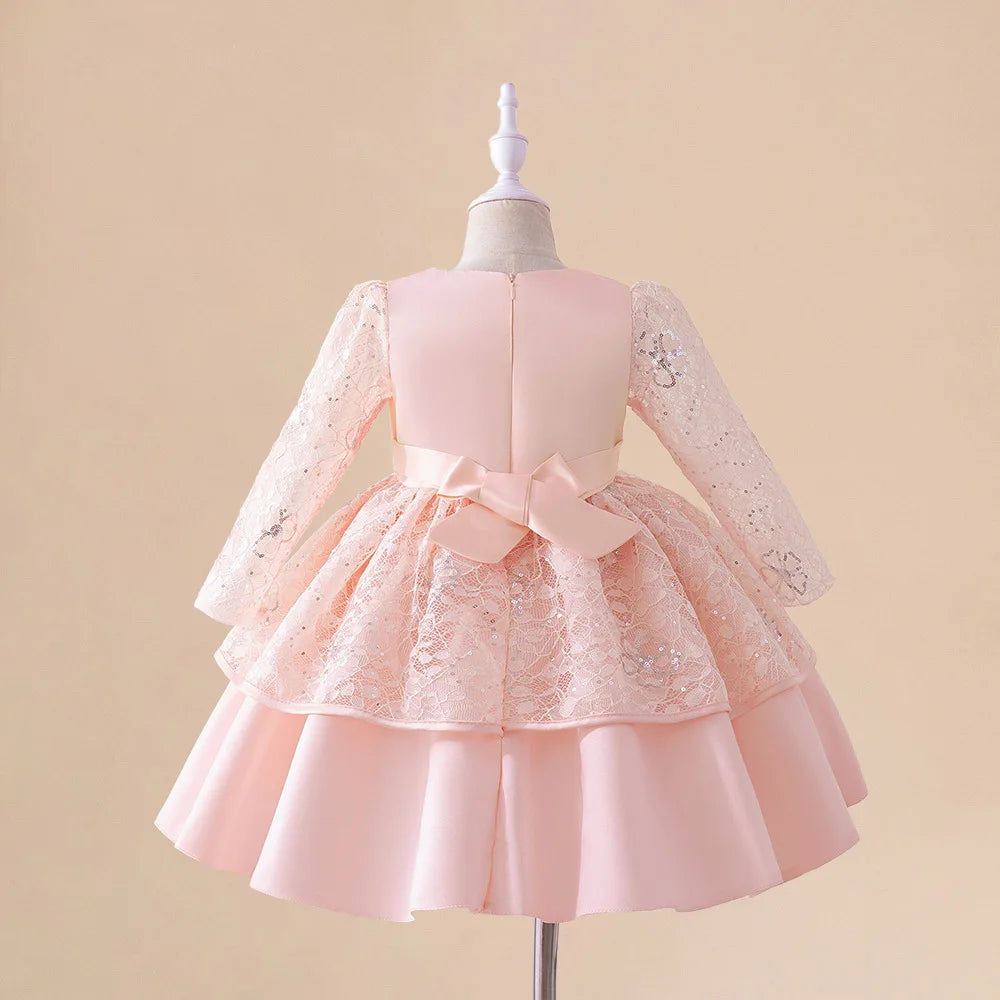 Kids Wedding Party Dresses Girls Bow White Flower Long Sleeved Costume Clothes Children Birthday Princess Gown Evening Vestidos