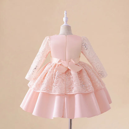 Kids Wedding Party Dresses Girls Bow White Flower Long Sleeved Costume Clothes Children Birthday Princess Gown Evening Vestidos
