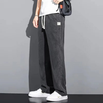 2025 New Summer Soft Lyocell Fabric Men's Jeans Thin Loose Straight Pants Drawstring Elastic Waist Korea Casual Trousers (Available)
