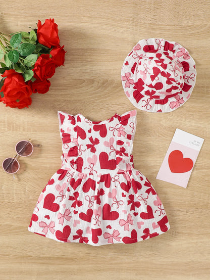 2PCS Dress Clothes Set Newborn Baby Girl Love Print Sleeveless Dress With Hat Summer Fashion Cute Wear for Infant Girl 0-9Months