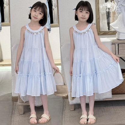 Girls Summer Dress 2025 New Halter Dresses Middle and Large Children Foreign Style Beach Dress Kids Undershirt Princess Skirt