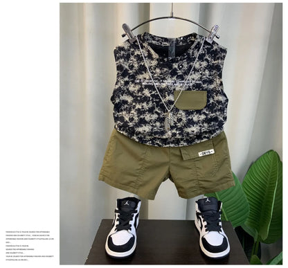 Boys Summer Vest Set New Fashionable Baby Handsome Fashion Sleeveless T-shirt Shorts Two Piece Set Children's clothing set