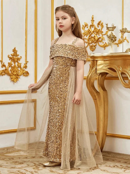 Girls Flower Girl Evening Dress Girl Long Festival Event Performance Small Dress 10-Year-Old Girl Pink Girl Birthday Shiny Dress