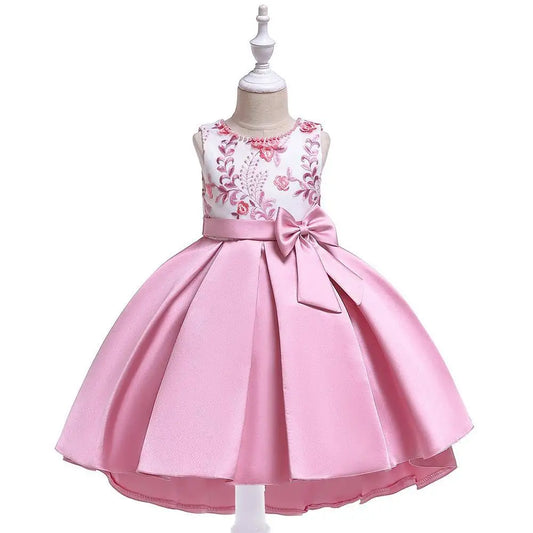 Party Prom Dress For Girls Flower Embroidery Princess Dresses Children Satin Bow Dovetail Dress For Kids Birthday Wedding Gown