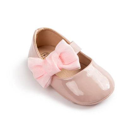 Newborn Baby Shoes Baby Boy Girl Shoes Girl Classic Bowknot Rubber Sole Anti-slip PU Dress Shoes First Walker Toddler Crib Shoes