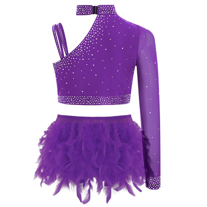 Girls Modern Dance Dress 2 Piece One-shoulder Sleeve Rhinestone Crop Top And Feather Skirts Sets Dance for Stage Performance