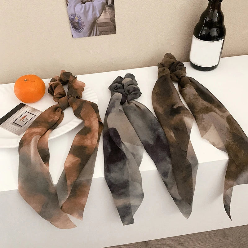 Women Scrunchies Headwear Satin Ribbon Bows Long Hair Ties Girls Ponytail Holder Ties Hair Rubber Bands Hair Accessories