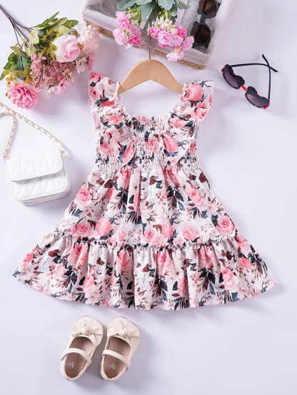 1 - 7 Y Baby Girls Sweet Floral Dress with Ruffled Sleeves & Smocked Waist - Perfect for Party & Summer Wear for Kids Girl Dress