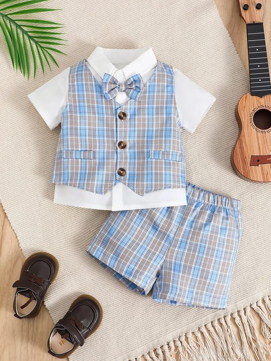 Summer 0-2 Years Old  Infant  Boys Lapel  Bow  Checkered Gentleman's Short  Sleeved  Casual  3 Pieces Suit