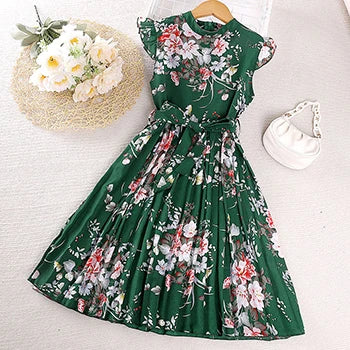 Girls Dress Summer 4-12 Years Flowers Sleeveless Fashion Elegant Little Princess Dress Birthday Dance Party Gifts Kids Clothes