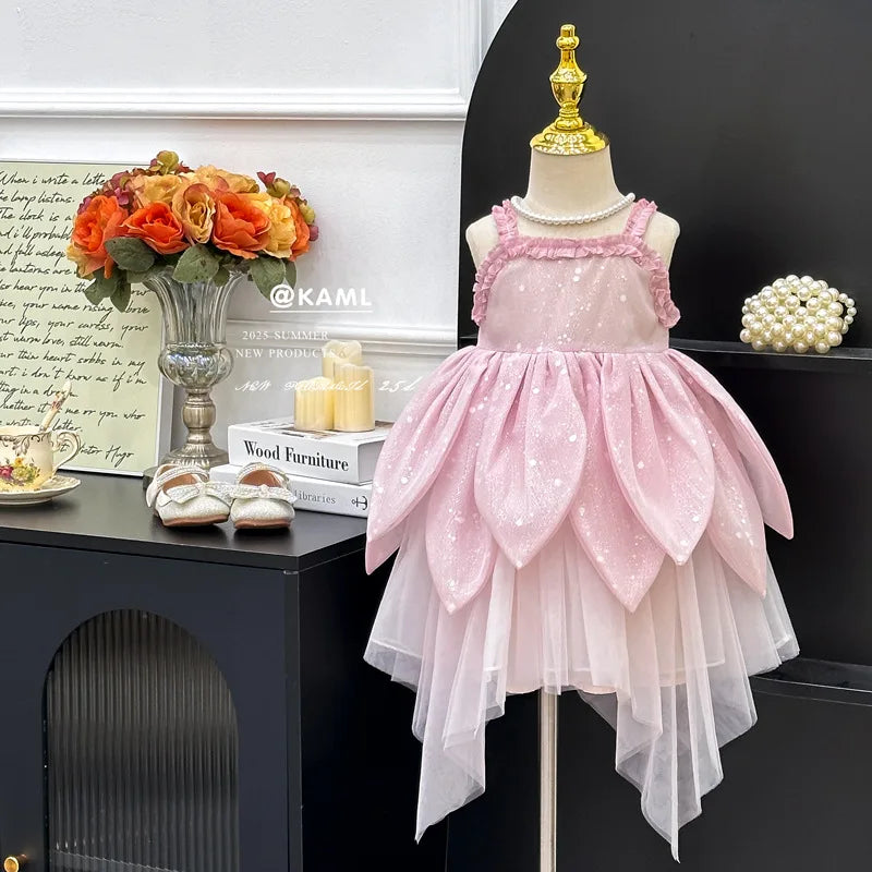 Flower Fairy Girl Dress Vest Sleeveless Shoulder Strap Suspender Princess Petal Skirt Magic Elves Halloween Dress