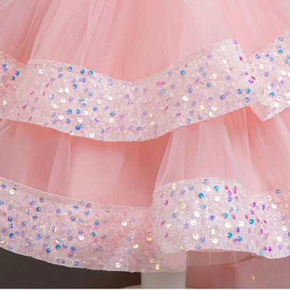 Girls Party Dresses Elegant Tulle Layered Children Long Evening Prom Gown Sequins Puffy Festive Dress for Girl
