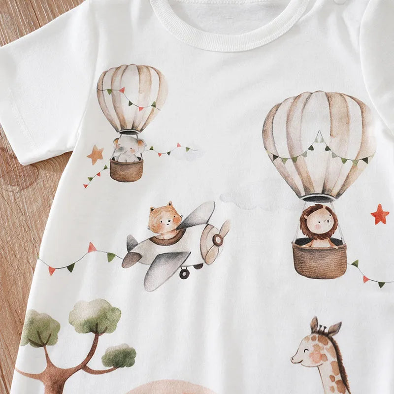 Summer Boys And Girls Cute Cartoon Animal Print Comfortable Casual Short Sleeve Baby Bodysuit
