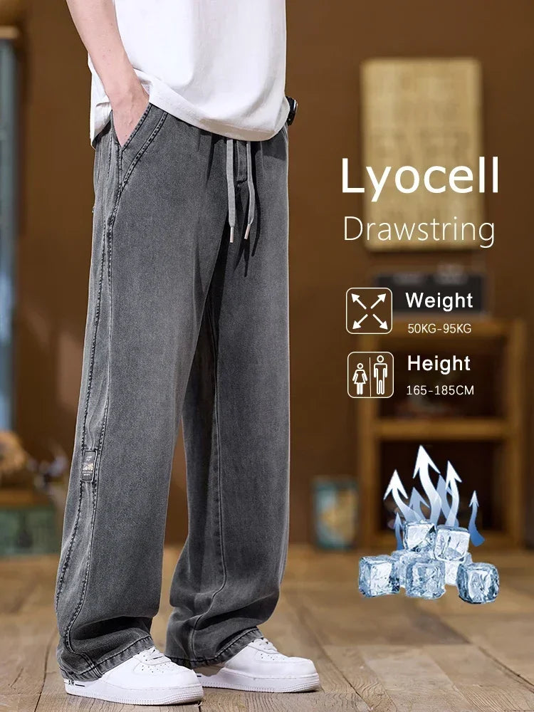 Soft Lyocell Thin Drawstring Jeans Men's Korean Cozy Casual Fashion Straight Trousers Male Streetwear Loose Denim Pants