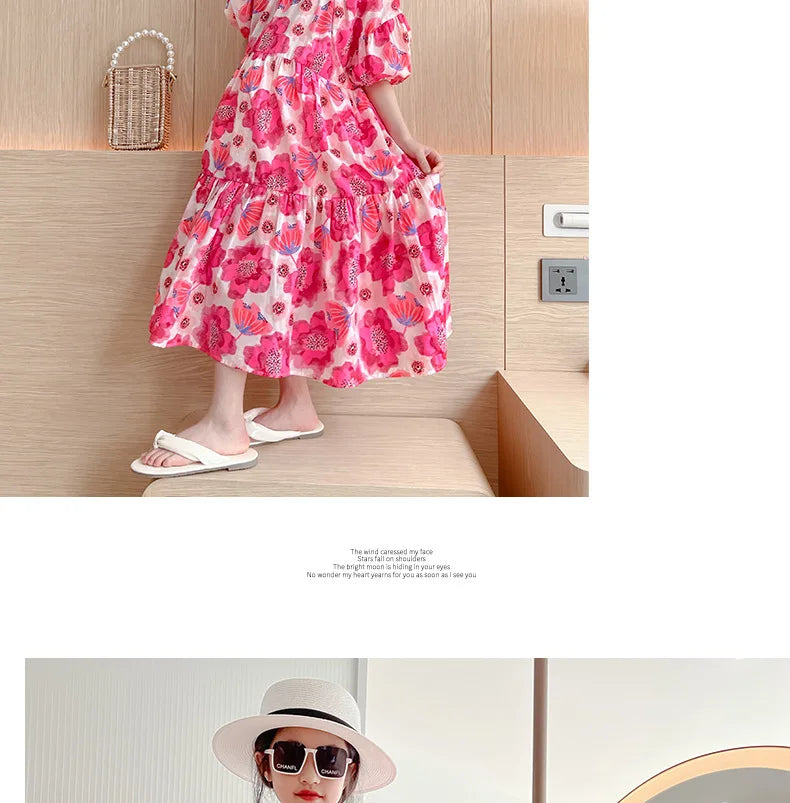 Girl's Large Flower Dress 2025 New Summer Children's Foreign-Style Loose Korean Version of the Older Girls Floral Lazy Skirt