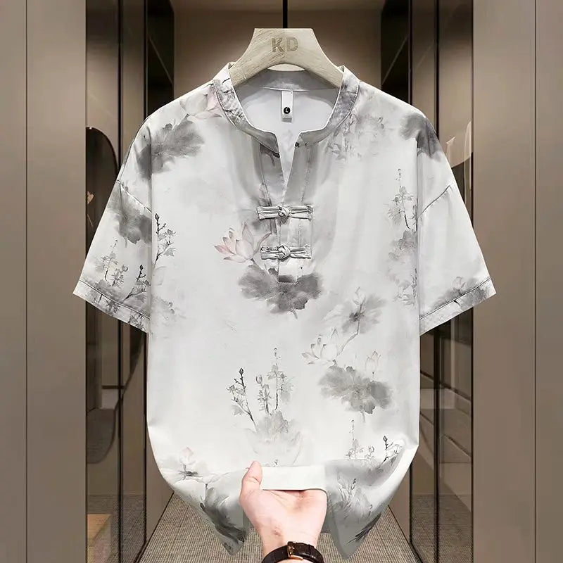New Chinese Short-sleeved Men Trendy Versatile T-shirt in Summer Retro Stand Collar Thin Fashion Pullover (Available)