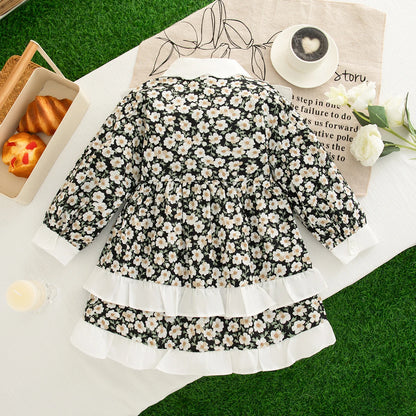 Girls' Dress Spring and Autumn Full Print Flowers Long Sleeve Baby Dresses Sweet Lace Baby Girl Dress Baby Girl Clothes