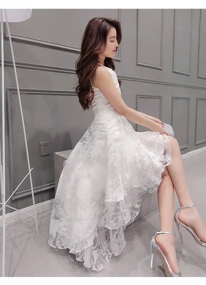 Summer High Low Retro Dress Vintage Women Sleeveless Front Back Short Long Organza Lace Dress Ladies Elegant Party Dress  (Available)